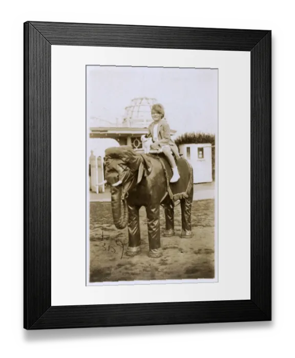 Framed Print : Little girl and her toy dog ride a model Elephant - Margate Framed Print : Little girl and her toy dog ride a model Elephant - Margate