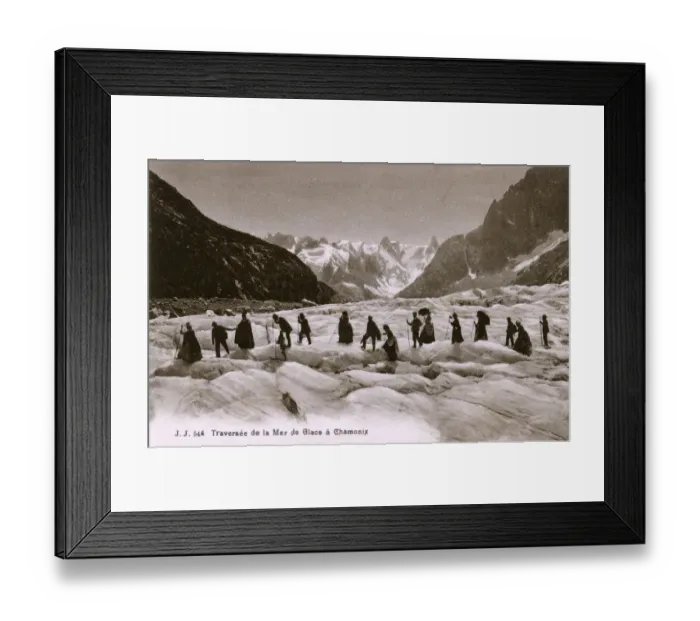 Framed Print : Party of men and women cross a glacier - Chamonix, France Framed Print : Party of men and women cross a glacier - Chamonix, France