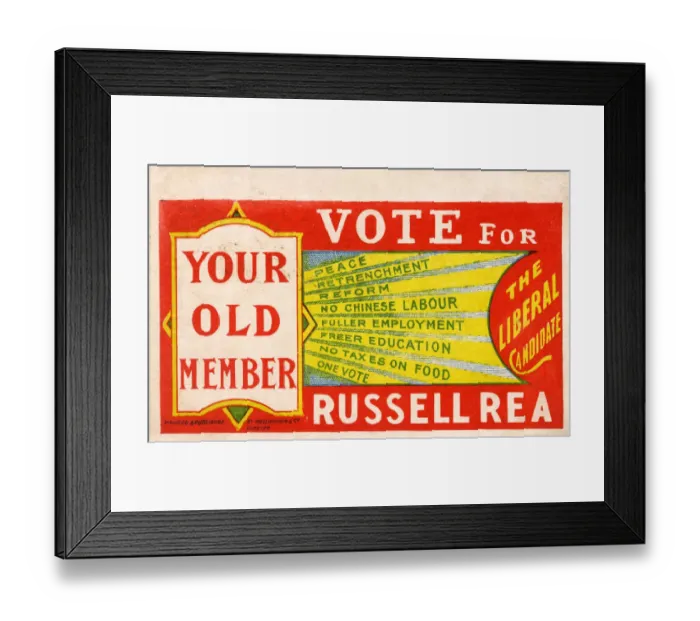Framed Print : Russell Rea - Promotional Political postcard (reverse) Framed Print : Russell Rea - Promotional Political postcard (reverse)