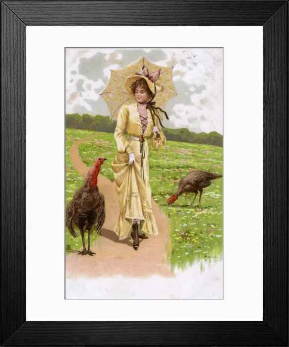 Framed Print : Pretty girl walking along a rural path with two turkeys Framed Print : Pretty girl walking along a rural path with two turkeys