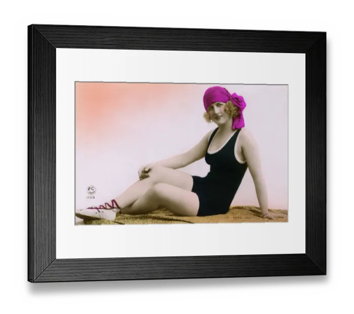 Framed Print : Stylish French Fashion model in swimwear and pink headscarf Framed Print : Stylish French Fashion model in swimwear and pink headscarf