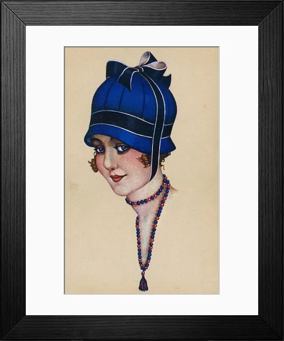 Framed Print : Italian Fashion - Blue Bonnet Hat - Bead necklace