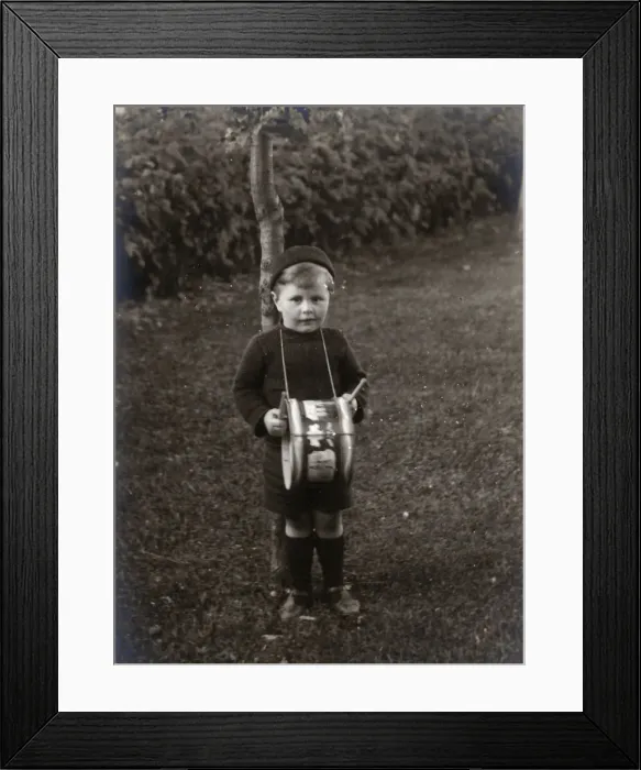 Framed Print : Eric Atherton Smith - young boy aged 3 with his toy drum Framed Print : Eric Atherton Smith - young boy aged 3 with his toy drum