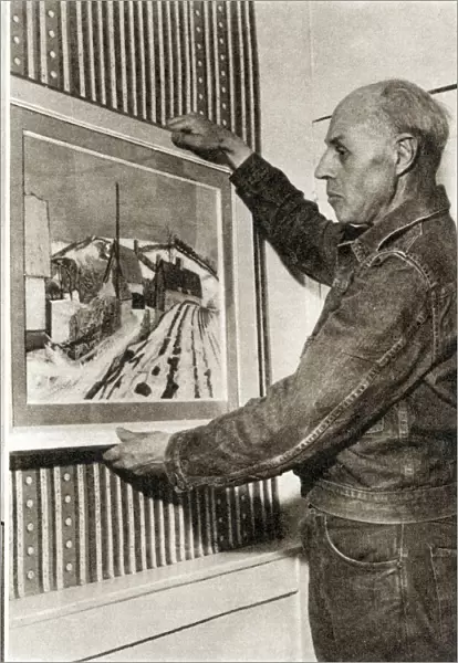 Edward Bawden hanging his painting of Waltham Cross