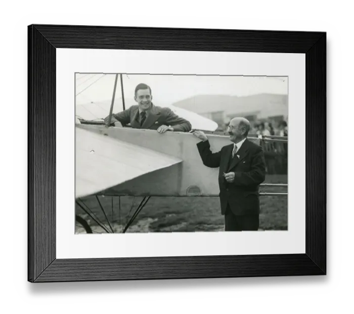 Framed Print : Richard Shuttleworth in the restored Blriot with Mr A. ? Framed Print : Richard Shuttleworth in the restored Blriot with Mr A. ?