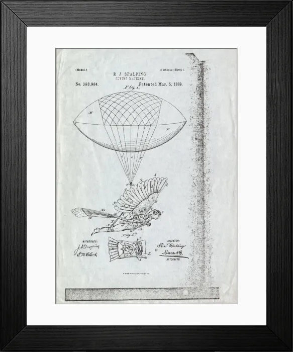 Framed Print : Line-Drawing of Mr R J Spaldings Patented Flying Machin? Framed Print : Line-Drawing of Mr R J Spaldings Patented Flying Machin?