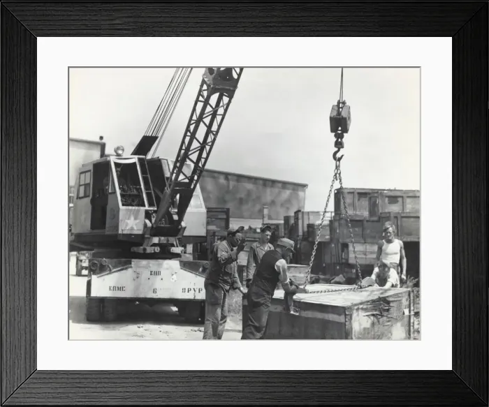 Framed Print : Airmen and German Men with a Crane Preparing to Lift a W? Framed Print : Airmen and German Men with a Crane Preparing to Lift a W?