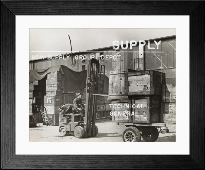 Framed Print : Airman Driving a Fork-Lift Truck with Wooden Crates Duri? Framed Print : Airman Driving a Fork-Lift Truck with Wooden Crates Duri?