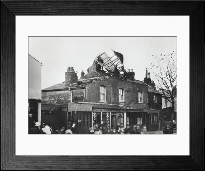 Framed Print : Royal Flying Corps Bi-Plane Crashed on the Roof of Saund? Framed Print : Royal Flying Corps Bi-Plane Crashed on the Roof of Saund?