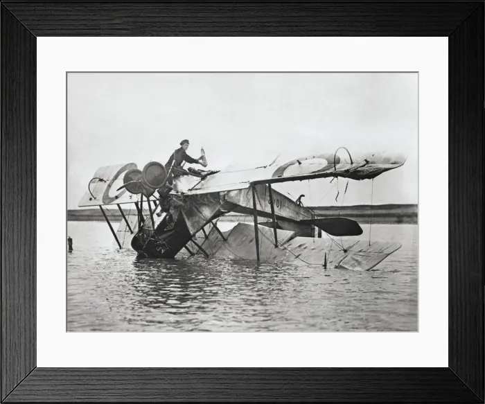 Framed Print : Avro 504B. Crashed Royal Flying Corp Avro 504B Upide-Down in Water with Framed Print : Avro 504B. Crashed Royal Flying Corp Avro 504B Upide-Down in Water with