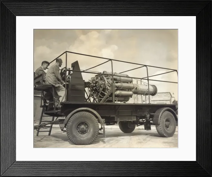 Framed Print : Engineers Sitting on a Trailer with a Power Jet W-1 Engine Framed Print : Engineers Sitting on a Trailer with a Power Jet W-1 Engine