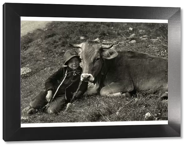 Shepherd Boy and favourite cow - Idyllic Swiss Alpine Scene