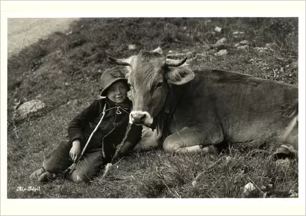 Shepherd Boy and favourite cow - Idyllic Swiss Alpine Scene