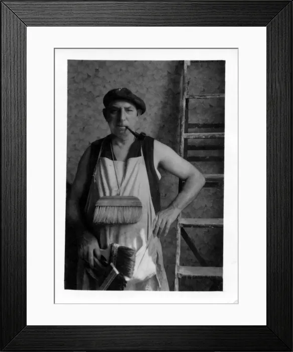 Framed Print : Interior Decorator with his brushes, ladder and pipe Framed Print : Interior Decorator with his brushes, ladder and pipe