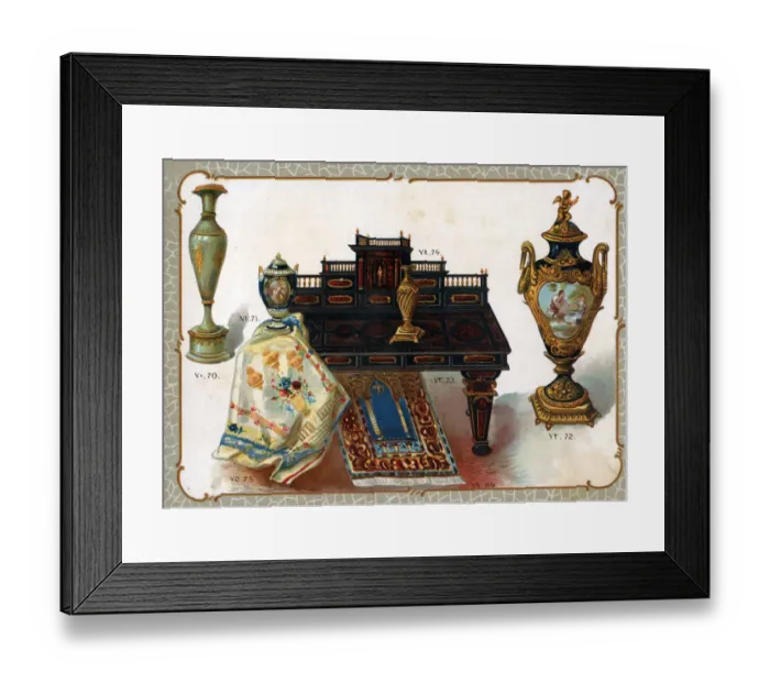 Framed Print : Catalogue illustration, carpets, vases, desk Framed Print : Catalogue illustration, carpets, vases, desk