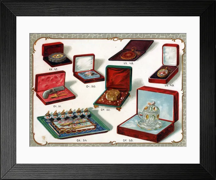 Framed Print : Catalogue illustration, items in presentation boxes, etc Framed Print : Catalogue illustration, items in presentation boxes, etc