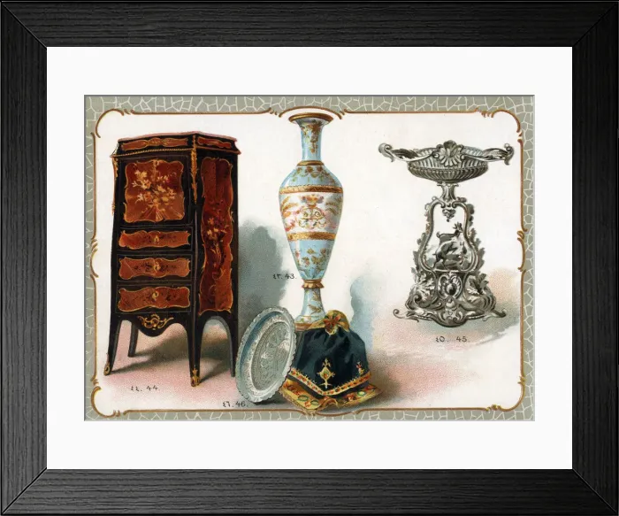 Framed Print : Catalogue illustration, vase, writing desk, ornament, plate Framed Print : Catalogue illustration, vase, writing desk, ornament, plate