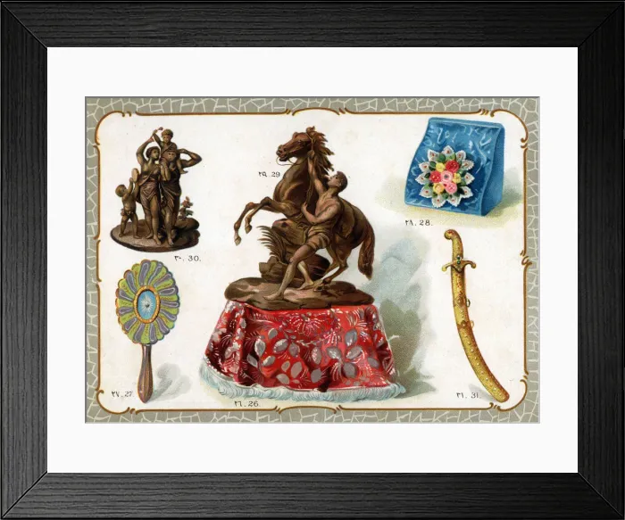 Framed Print : Catalogue illustration, embroidered cloth, mirror, etc Framed Print : Catalogue illustration, embroidered cloth, mirror, etc