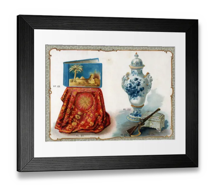 Framed Print : Catalogue illustration, embroidered cloth, vase, album, etc Framed Print : Catalogue illustration, embroidered cloth, vase, album, etc