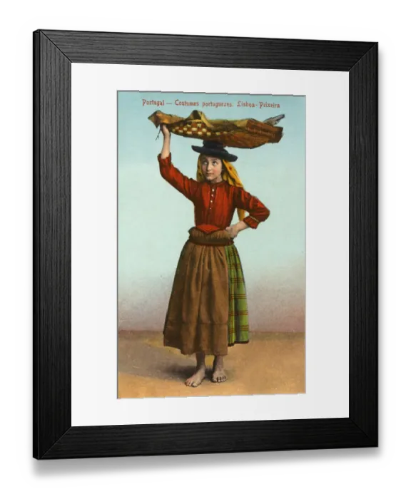 Framed Print : Portuguese girl carrying large flat basket of fish Framed Print : Portuguese girl carrying large flat basket of fish