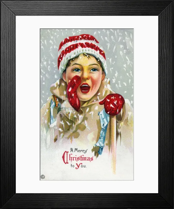 Framed Print : Young boy shouts out Merry Christmas through the snow Framed Print : Young boy shouts out Merry Christmas through the snow