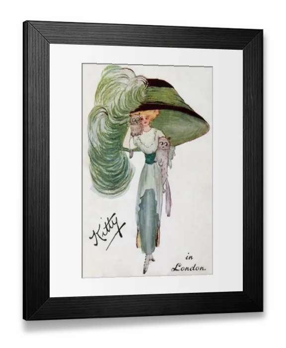 Framed Print : Kitty in London - Glamorous girl with two cats and HUGE hat Framed Print : Kitty in London - Glamorous girl with two cats and HUGE hat