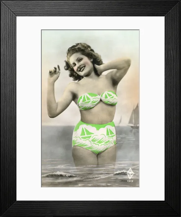 Framed Print : Pin-up girl on postcard in lime green nautical bikini Framed Print : Pin-up girl on postcard in lime green nautical bikini