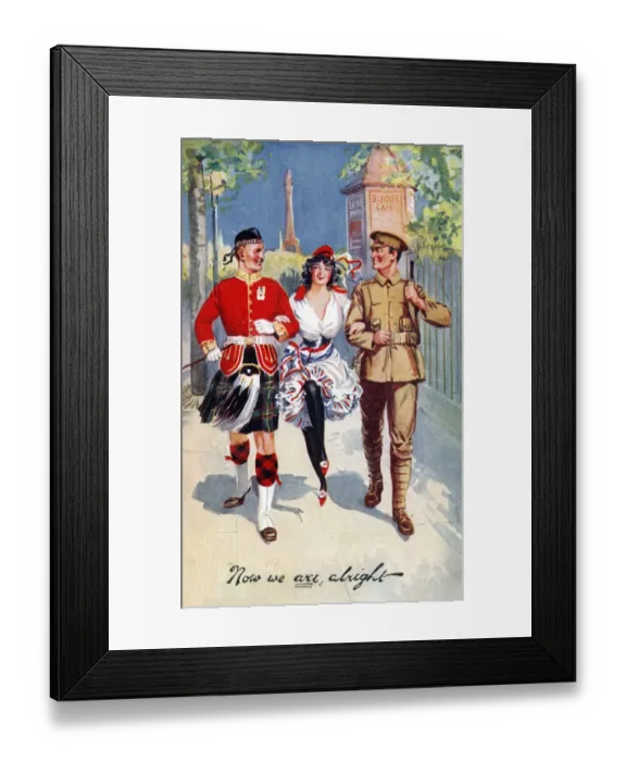 Framed Print : WW1 - Victory - Scottish & English soldiers with French lass Framed Print : WW1 - Victory - Scottish & English soldiers with French lass