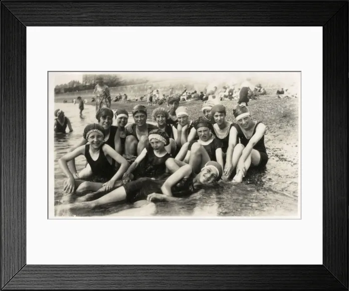 Framed Print : Thirteen seaside bathers in swimming costumes and caps Framed Print : Thirteen seaside bathers in swimming costumes and caps