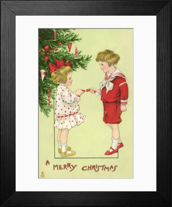 Framed Print : Brother and Sister pulling a Christmas Cracker by the Tree