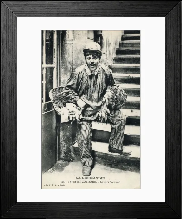 Framed Print : A Normandy Lad with his wares for sale Framed Print : A Normandy Lad with his wares for sale