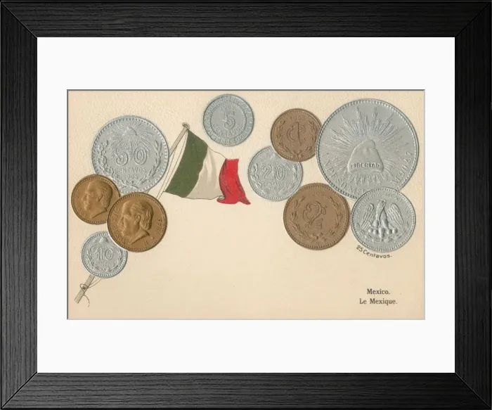 Framed Print : Coins of Mexico, Central America and flag Framed Print : Coins of Mexico, Central America and flag