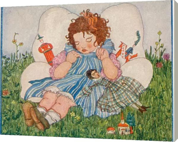 Young girl asleep surrounded by her toys by Irene Probst