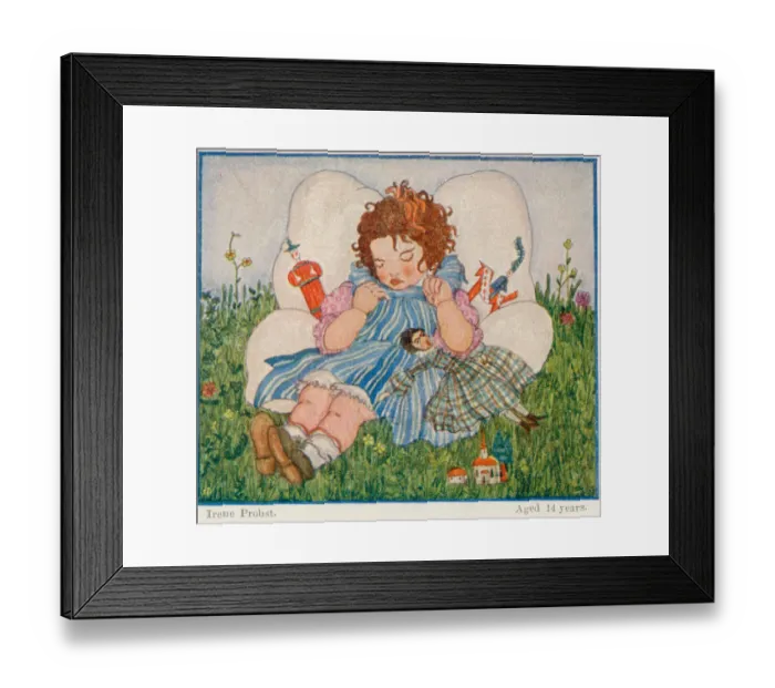 Framed Print : Young girl asleep surrounded by her toys by Irene Probst Framed Print : Young girl asleep surrounded by her toys by Irene Probst