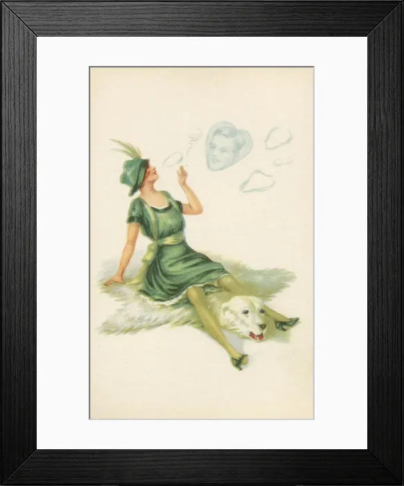 Framed Print : Woman sits astride Polar bear rug and dreams of her beloved Framed Print : Woman sits astride Polar bear rug and dreams of her beloved
