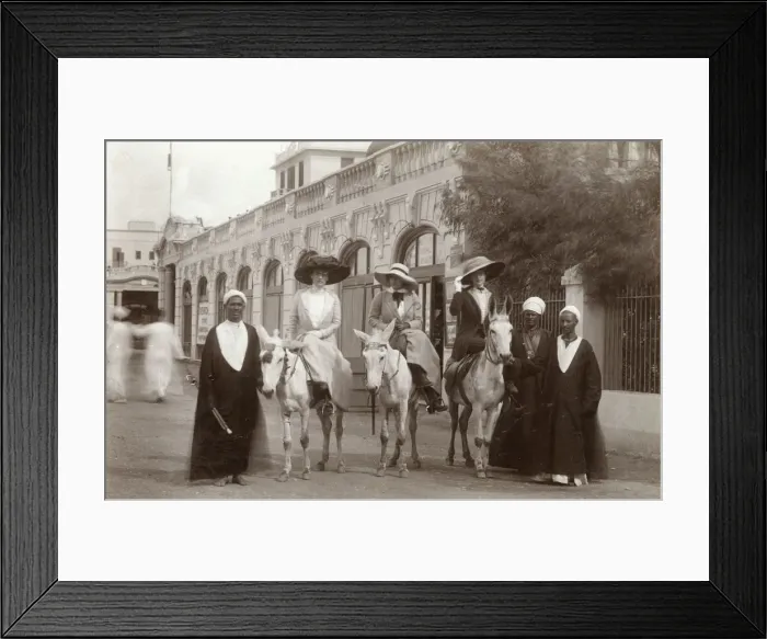 Framed Print : Three Grand British Women Tourists go on a mule ride - Cairo Framed Print : Three Grand British Women Tourists go on a mule ride - Cairo