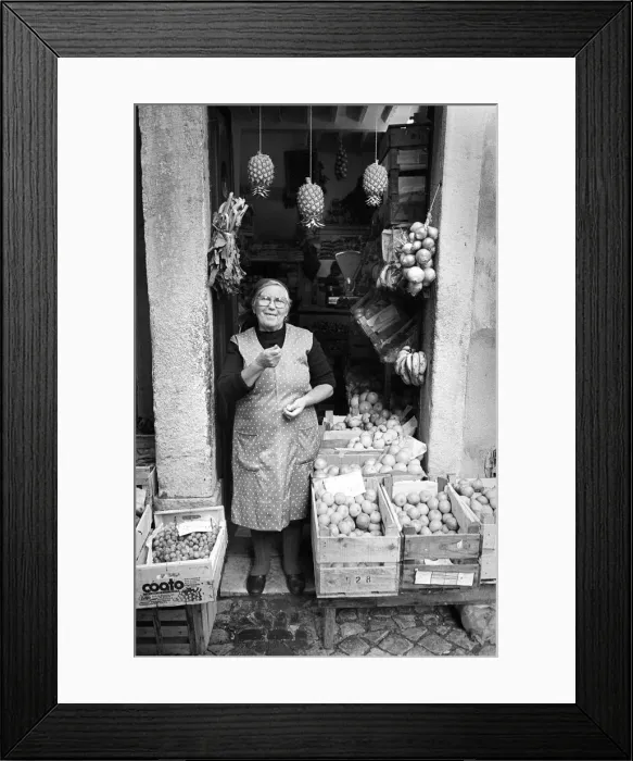 Framed Print : Woman outside fruit shop Lisbon Framed Print : Woman outside fruit shop Lisbon