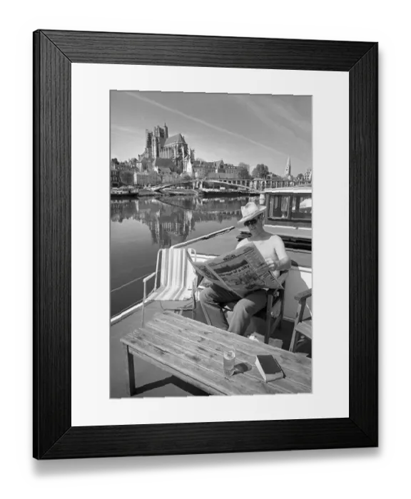 Framed Print : Man on houseboat, Auxerre sur Yonne, France Framed Print : Man on houseboat, Auxerre sur Yonne, France