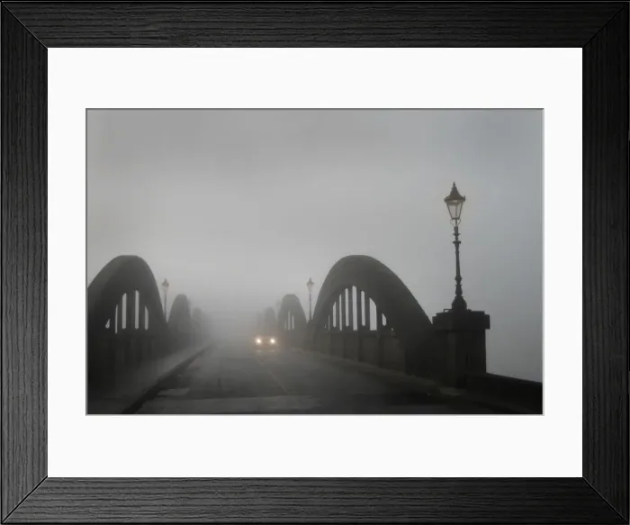 Framed Print : A car in thick fog on the concrete bridge over the River Dee Framed Print : A car in thick fog on the concrete bridge over the River Dee