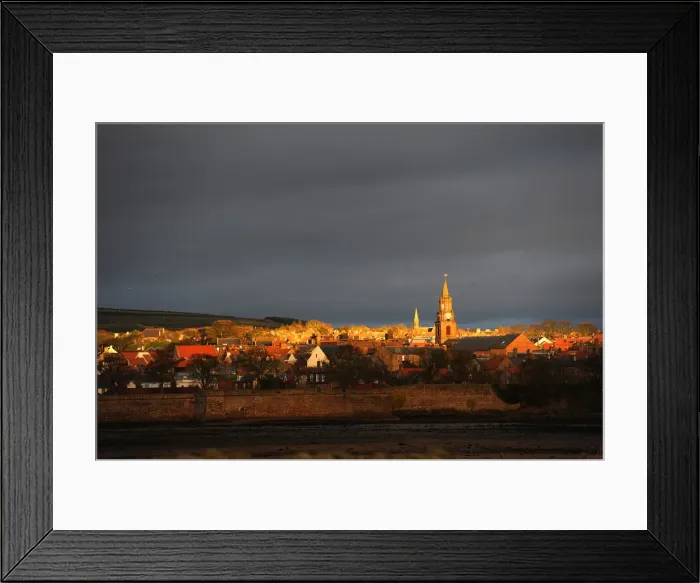 Framed Print : Dawn rays of winter sun on town hall clock tower, Berwick Framed Print : Dawn rays of winter sun on town hall clock tower, Berwick
