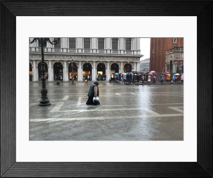 Framed Print : Woman gives up trying to keep dry - floods, Venice Framed Print : Woman gives up trying to keep dry - floods, Venice