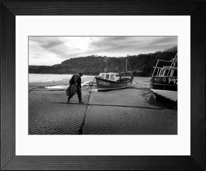 Framed Print : Fisherman walks up the beach - New Quay, Wales Framed Print : Fisherman walks up the beach - New Quay, Wales