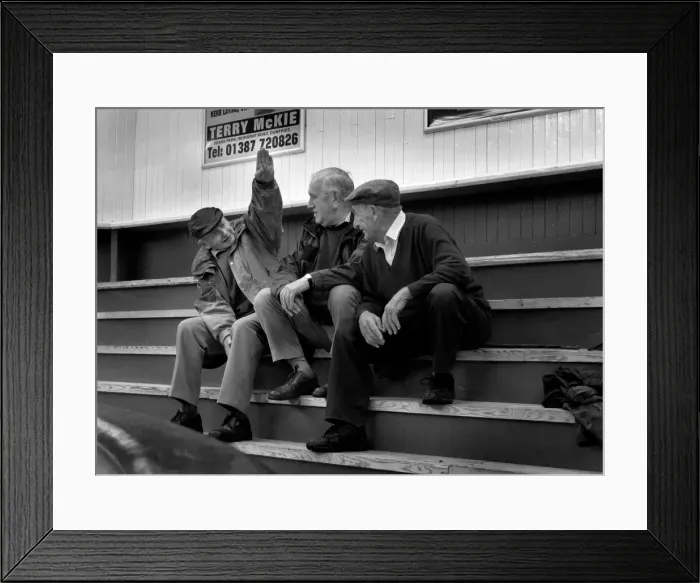 Framed Print : Three farmers chat while waiting for a sheep sale Framed Print : Three farmers chat while waiting for a sheep sale