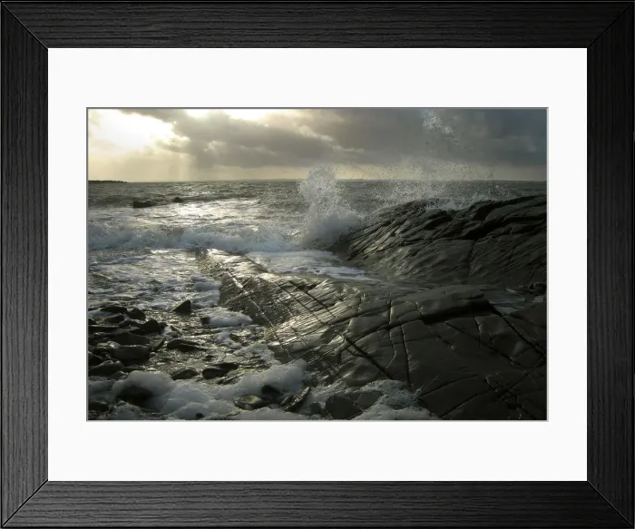 Framed Print : Waves splash against the shining black rocks at Knockbrex Framed Print : Waves splash against the shining black rocks at Knockbrex