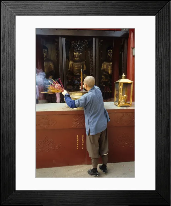 Framed Print : Monk and incense, Temple of the Six Banyan Trees Framed Print : Monk and incense, Temple of the Six Banyan Trees