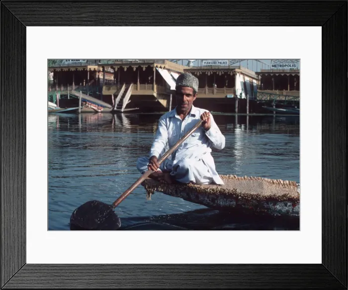 Framed Print : Lake Dal, Srinagar, Kashmir - a man paddling boat Framed Print : Lake Dal, Srinagar, Kashmir - a man paddling boat