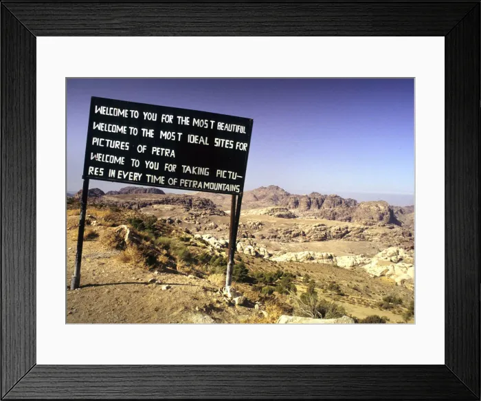 Framed Print : Road sign near Petra, Jordan. Welcome for photographers Framed Print : Road sign near Petra, Jordan. Welcome for photographers
