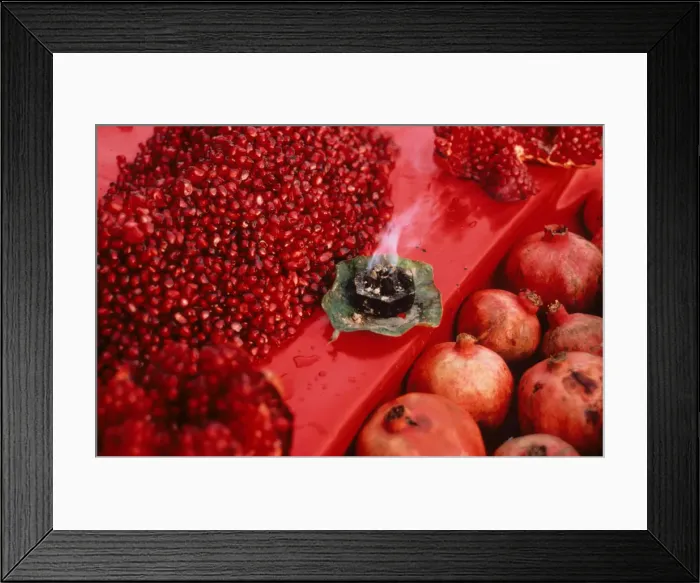 Framed Print : Red pomegranate seeds on display - market stall in Old Delhi Framed Print : Red pomegranate seeds on display - market stall in Old Delhi