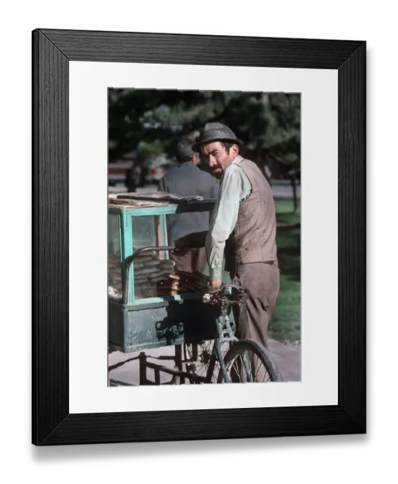 Framed Print : Seller and cycle-powered mobile food stall, Fetiye, Turkey