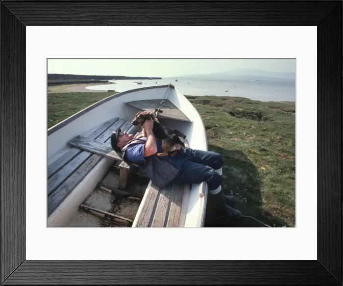 Framed Print : Boatman and dog on the saltings at Askam, near Barrow Framed Print : Boatman and dog on the saltings at Askam, near Barrow